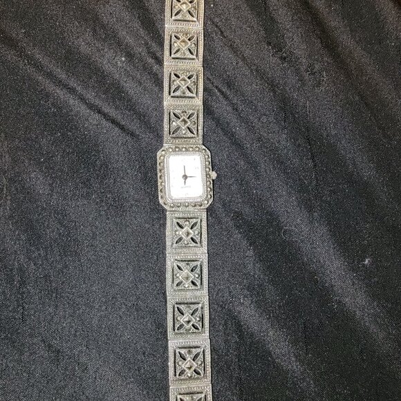 Sterling Silver 925 Ladies Marcasite Watch Bracelet AS IS Needs Battery Vtg Deco main image 5